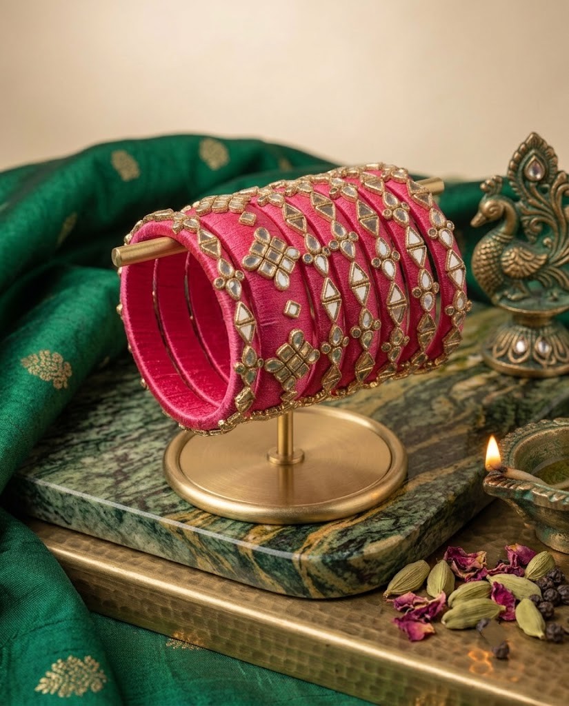 Pink silk thread bangles set - Image 3