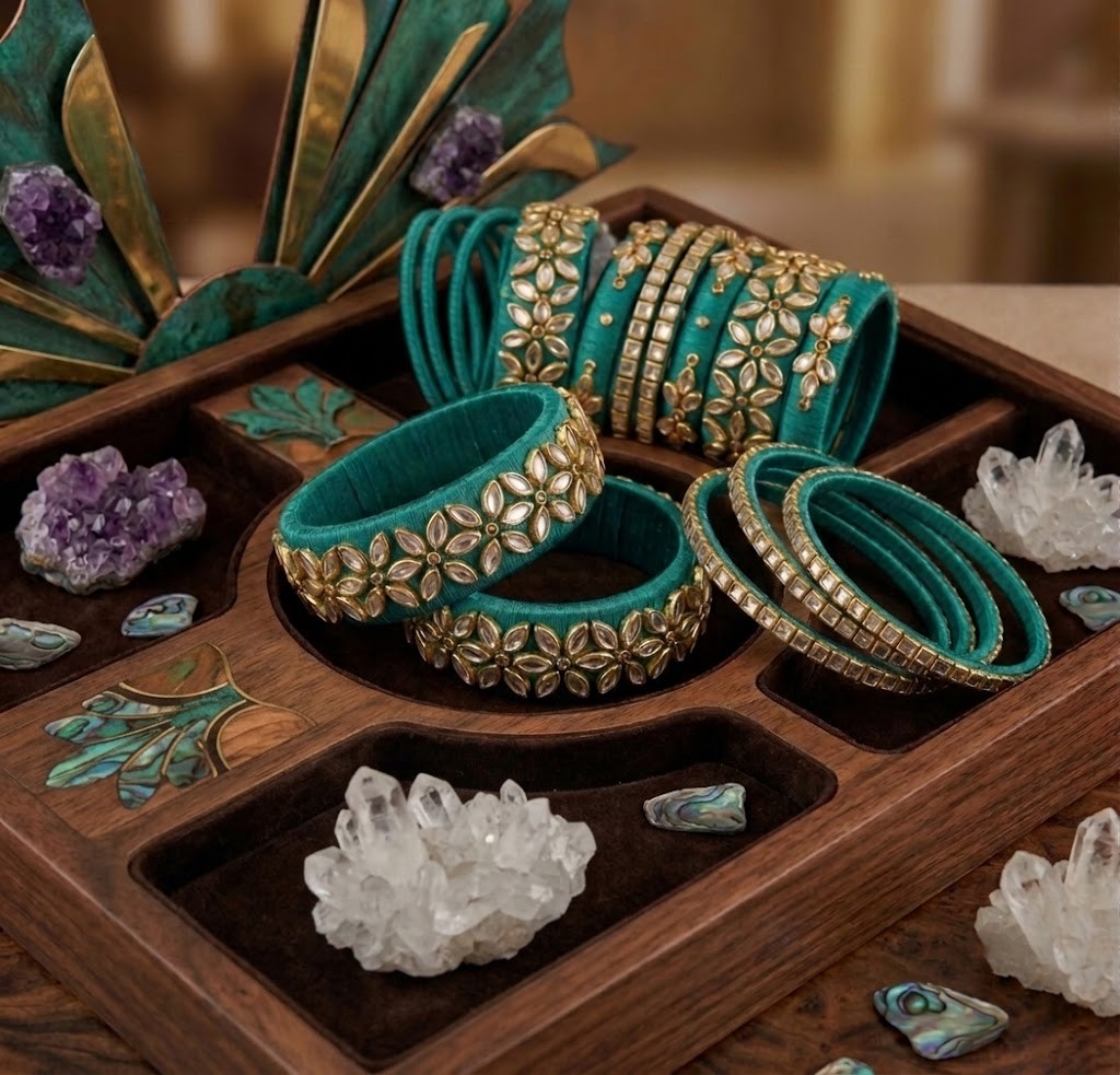 Rama green silk thread bangles set - Image 2