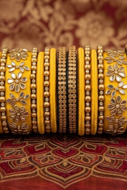 Blue yellow silk thread bangles set