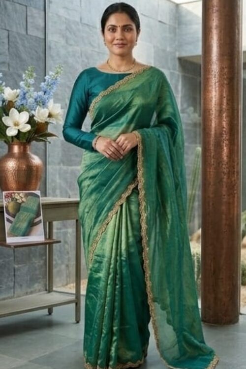 Elegant Teal Green Western Style Organza Saree with Designer Lace Border