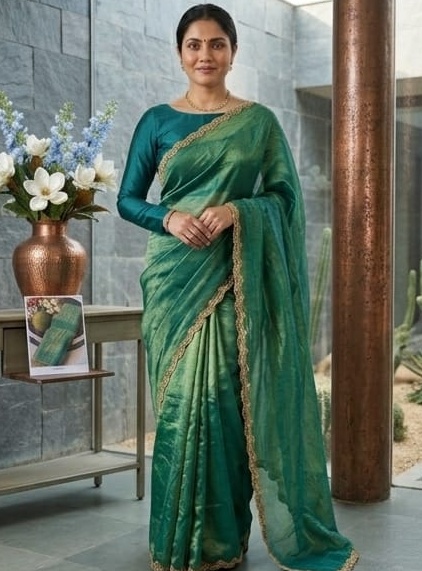 Elegant Teal Green Western Style Organza Saree with Designer Lace Border