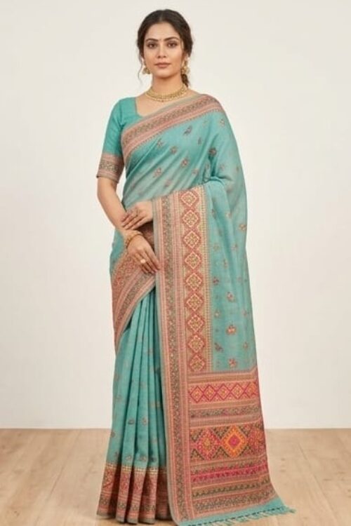 Elegant Sea Green Pashmina Cotton Saree with Ethnic Woven Border