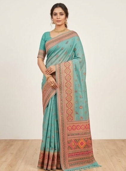 Elegant Sea Green Pashmina Cotton Saree with Ethnic Woven Border