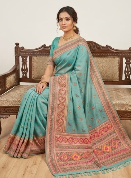 Elegant Sea Green Pashmina Cotton Saree with Ethnic Woven Border - Image 2