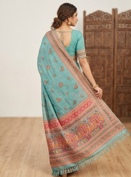 Elegant Sea Green Pashmina Cotton Saree with Ethnic Woven Border - Image 3