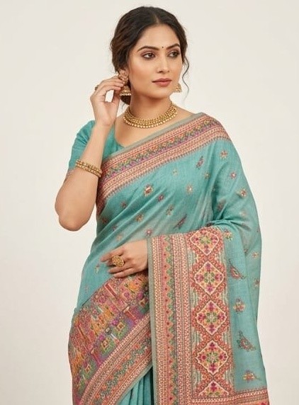 Elegant Sea Green Pashmina Cotton Saree with Ethnic Woven Border - Image 4
