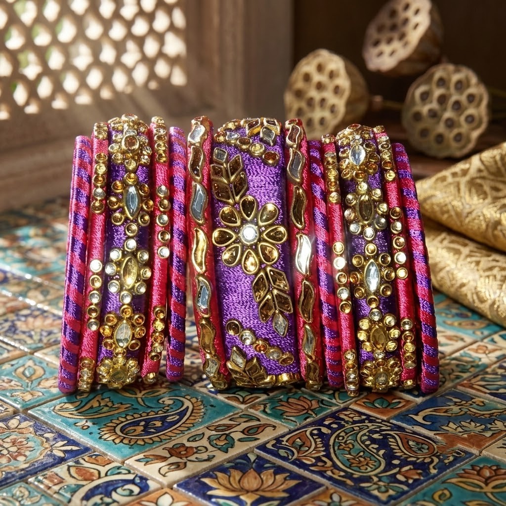 Purple pink silk thread bangles of 1hand set
