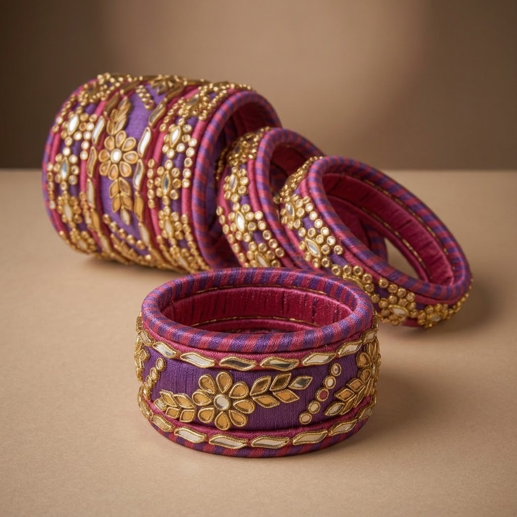 Purple pink silk thread bangles of 1hand set - Image 3