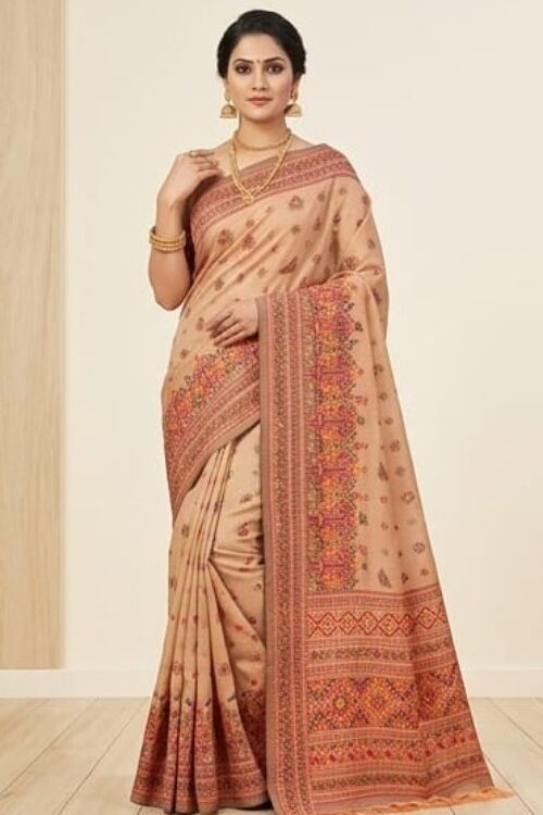 Elegant Beige Pashmina Cotton Saree with Traditional Multicolor Woven Border