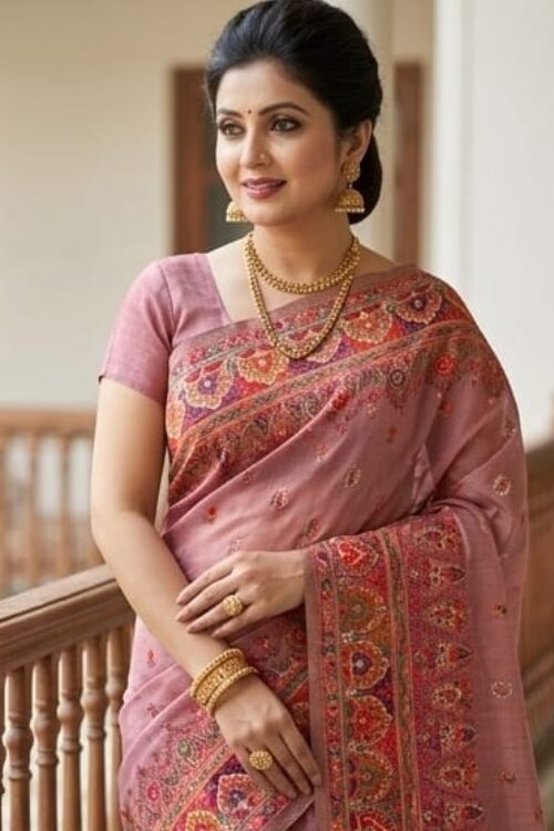 Elegant Pink Pashmina Cotton Saree with Traditional Multicolor Border