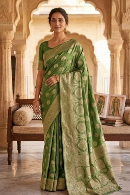Royal Olive Green Heavy Banarasi Saree with Rich Zari Border