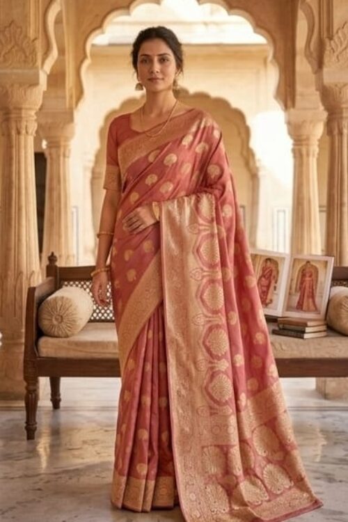 Elegant Rose Pink Heavy Banarasi Saree with Rich Golden Zari Work