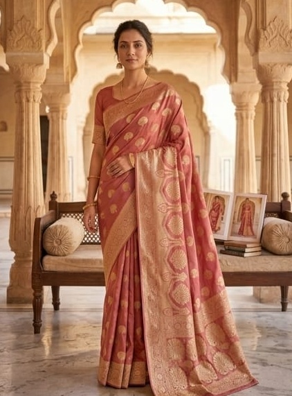 Elegant Rose Pink Heavy Banarasi Saree with Rich Golden Zari Work