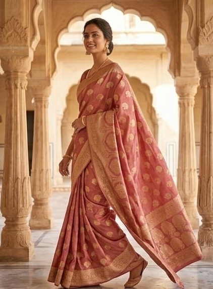 Elegant Rose Pink Heavy Banarasi Saree with Rich Golden Zari Work - Image 2