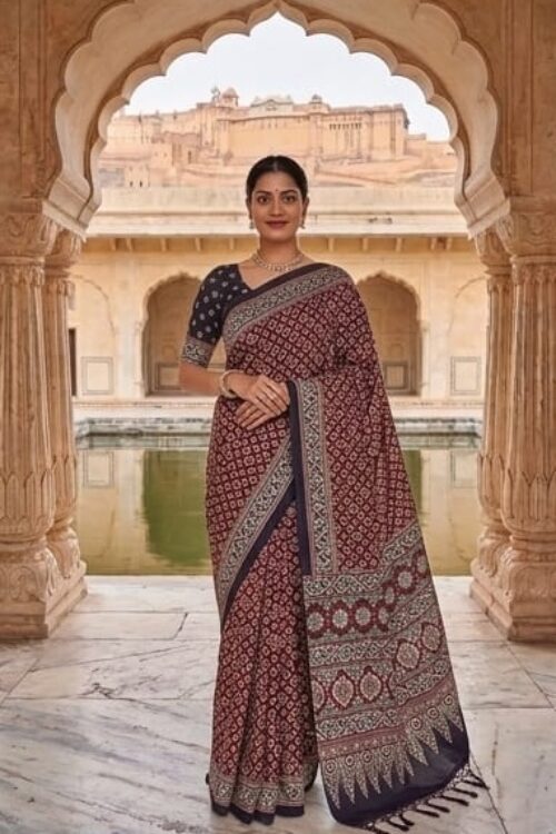 Women’s Maroon & Black Ajrakh Printed Saree with Designer Border