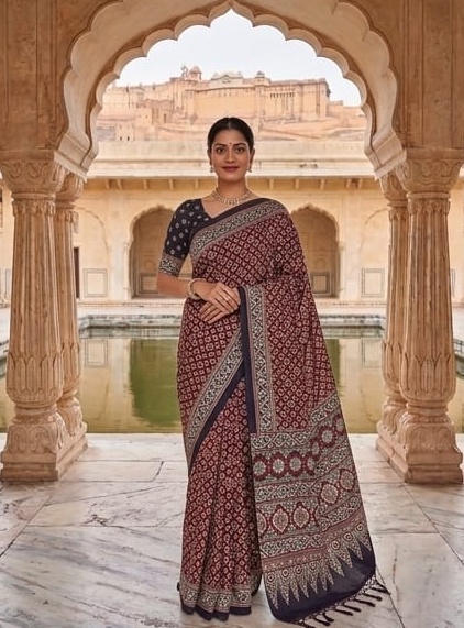 Womenβs Maroon & Black Ajrakh Printed Saree with Designer Border
