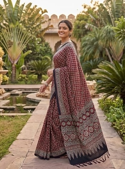 Womenβs Maroon & Black Ajrakh Printed Saree with Designer Border - Image 2