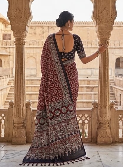 Womenβs Maroon & Black Ajrakh Printed Saree with Designer Border - Image 3