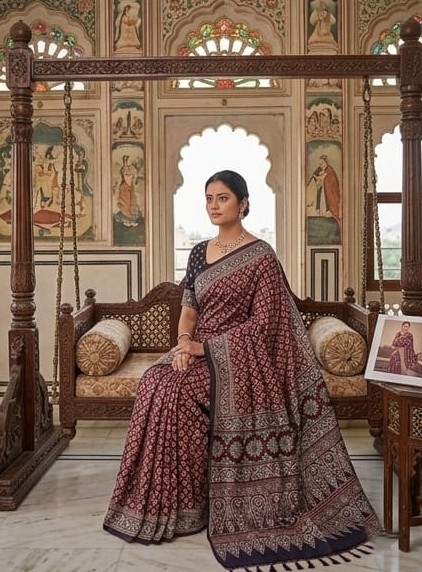 Womenβs Maroon & Black Ajrakh Printed Saree with Designer Border - Image 4