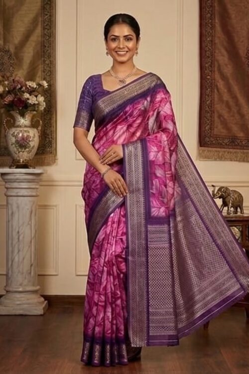 Blue Soft Silk Saree with Purple Border and Floral Print Design