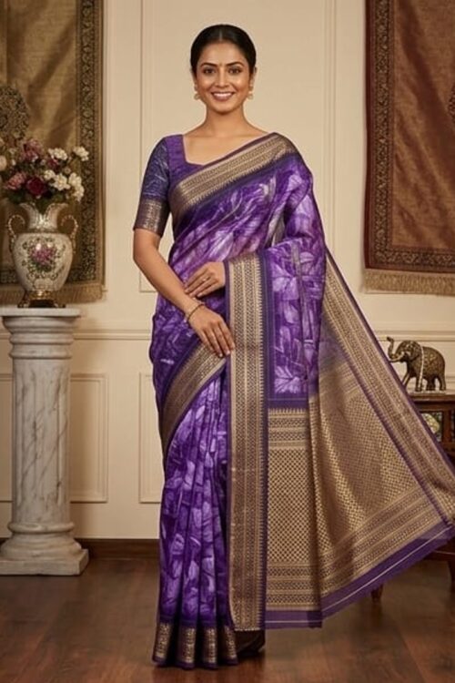 Purple Soft Silk Saree with Purple Border and Floral Print Design