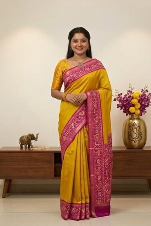 Royal Haldi Yellow Patola Silk Saree with Rani Pink Designer Border