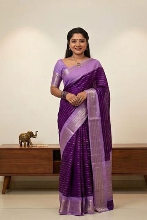 Womenās Royal Purple Linen Silk Saree with Lavender Zari Border