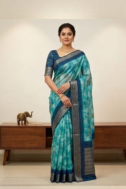 Blue Soft Silk Saree with Navy Blue Border and Floral Print Design