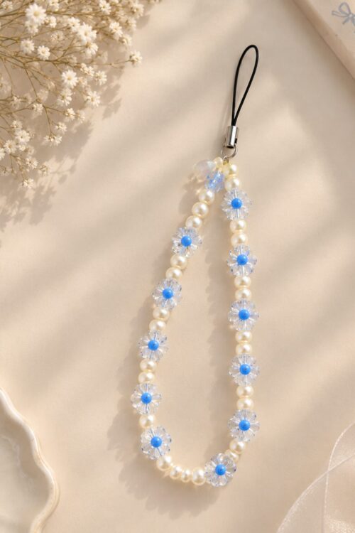 Blue Daisy & Pearl Phone Charm