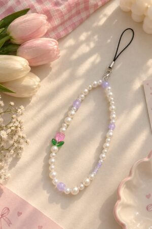 Lavender Pearl  Pink Tulip Phone Charm 🎀🤍
