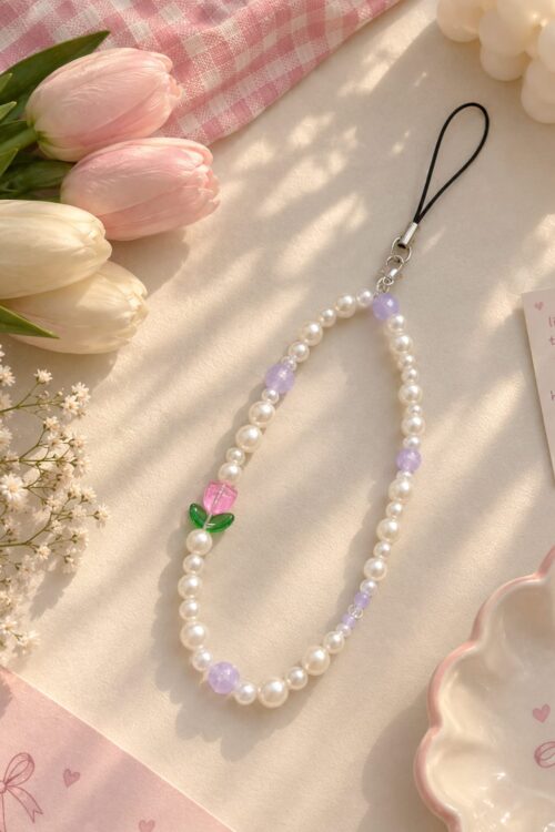 Lavender Pearl  Pink Tulip Phone Charm 🎀🤍